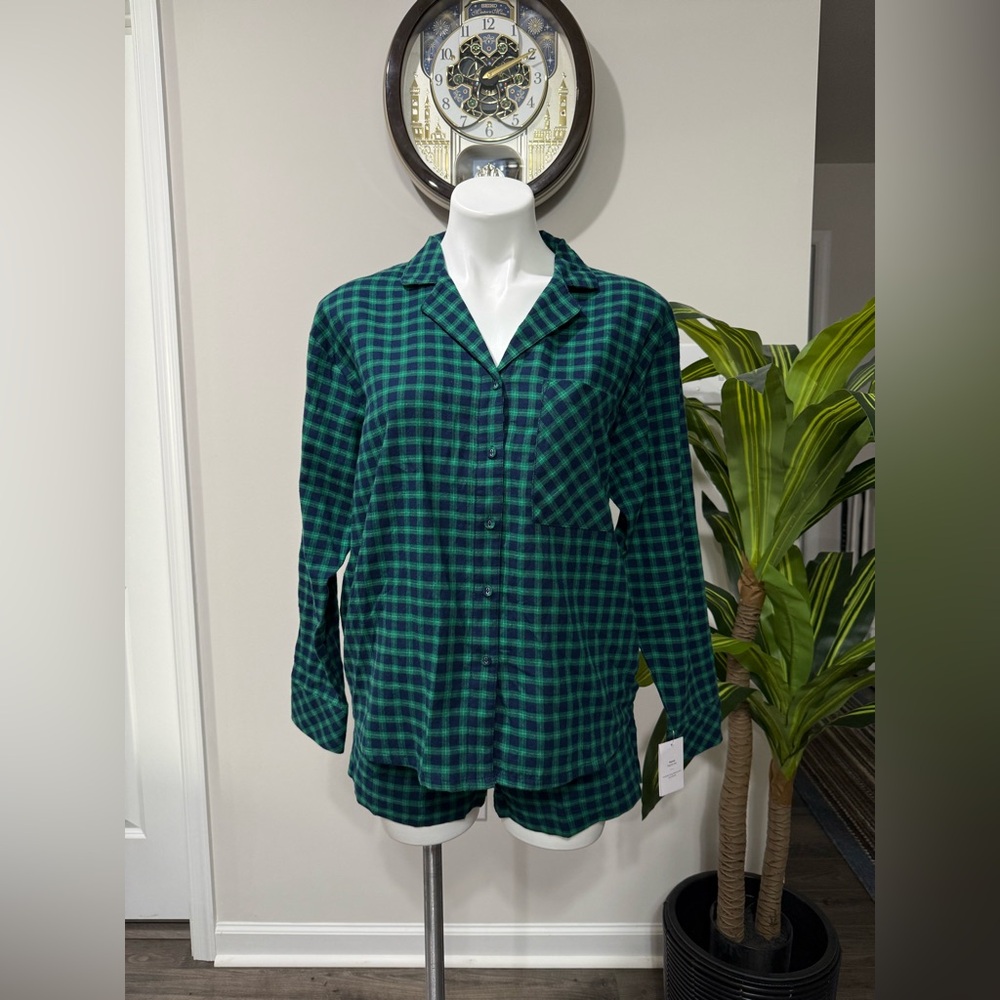 New Auden Women’s Long-Sleeve Top & Shorts Pajama Set green plaid size XS Large